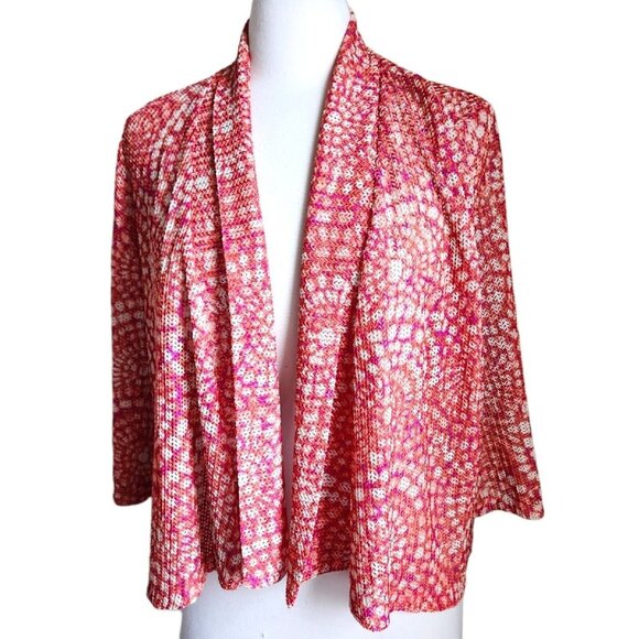 Ruby Rd Cardigan Women Size LARGE Orange Red‎ Mesh Lace Shrug Open Front Boho - Picture 1 of 13